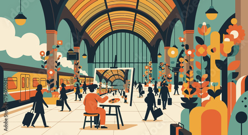 Vibrant Train Station Art, Travel, and Urban Life in Bold Illustration