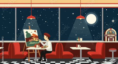 Artist paints a nocturnal landscape in a retro diner under a starry sky with a jukebox
