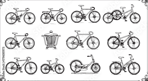 Collection of vintage silhouette bicycle icons and transport designs for sport and ride illustrations