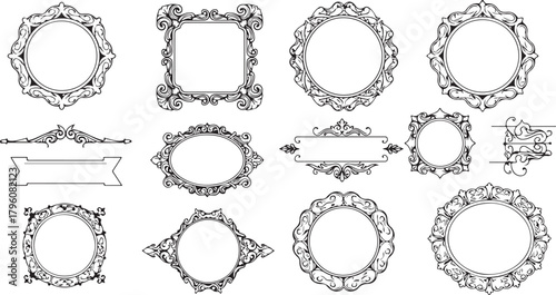 A set of ornate floral vector frames, labels, and borders for a vintage design illustration