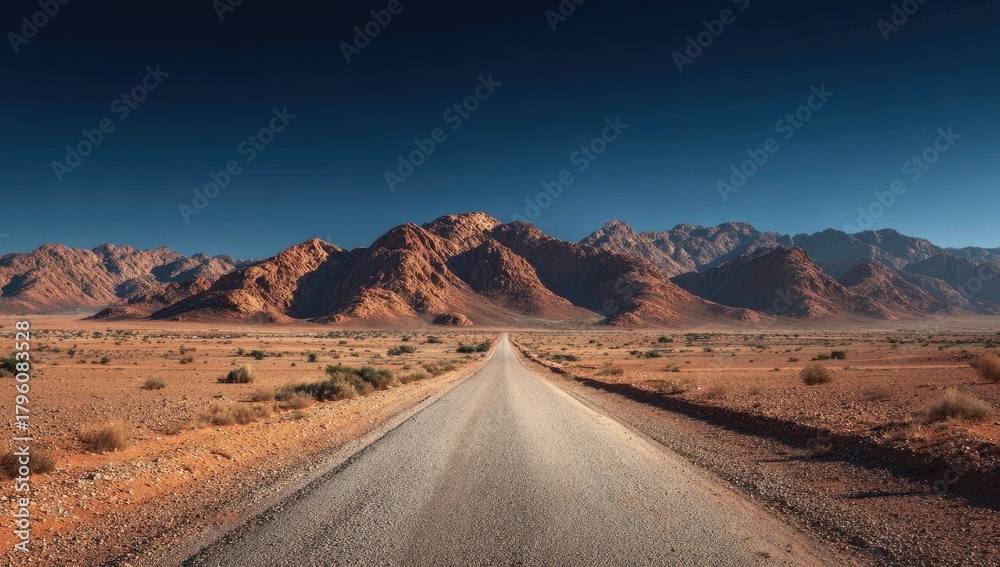 Naklejka premium Desert road stretches toward majestic mountains under a deep blue sky