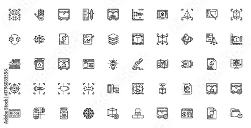 3D printing icon set. Vector illustration. Includes ymbols for 3d printer, robtic hand, prototyping, modl, filament, calibrate, st, cube and more. Editable troke.