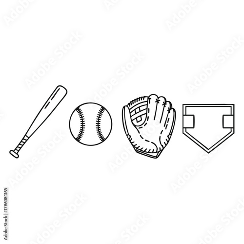 Modern Outline Baseball Equipment Vector Icon Set. Minimal Line Art Sport Bat Ball Glove and Home Plate Graphic Illustration