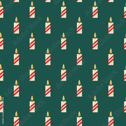 Seamless pattern with striped festive candles on green background. Vector cozy seasonal background. 