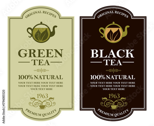 collection of green and black tea labels with leaves and cup