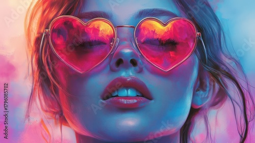 Vibrant Woman Wearing Heart-Shaped Sunglasses