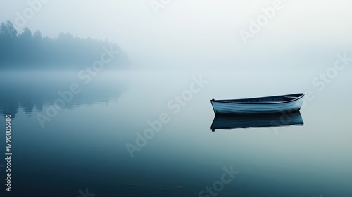 Lonely wooden rowboat floats silently on a fog-covered lake. Still water and soft mist blur the distant shoreline, creating a peaceful and meditative atmosphere. Generative by AI