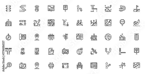 Navigation and Maps icon set. Vector illustration. Icludes symbols for road, rute, GPS, location, directon, map, compass, traffic,parking and more. Editablestroke.