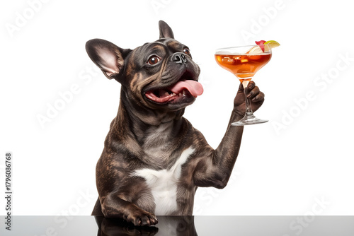Drunk dog drinking a cocktail. Cool drunk french bulldog dog cheering a toast with martini cocktail drink .