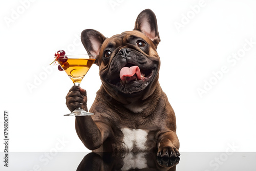 Drunk dog drinking a cocktail. Cool drunk french bulldog dog cheering a toast with martini cocktail drink .