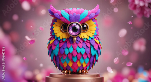 Adorable, colorful owl character with big eyes and fluffy feathers, standing on a pedestal with bokeh background