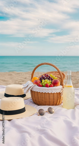 A delightful summer picnic spread on a sandy beach with a basket of fruit, hats, and lemonade