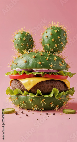Creative cactus burger with cheese, lettuce, tomato, and onion on a pink background