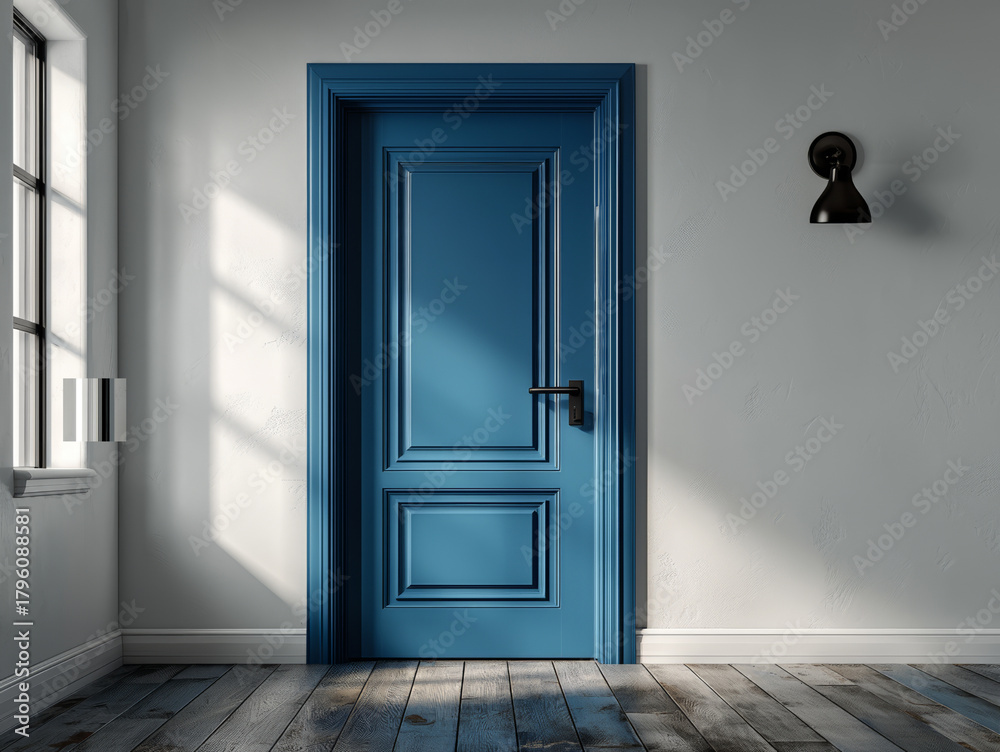 Fototapeta premium Elegancka aranżacja z niebieskimi drzwiami i drewnianą podłogą
