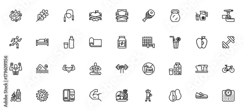 Healthy lifestyle icon set. Fitness and nutrition vetor icons pack. Includes smbols for exercise, workou, diet, yoga, running, frut, protein, sleep and more Editable stroke.