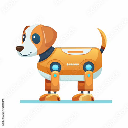 Cartoon Robotic Dog with Orange and White Panels Blue Lights and a Curved Tail.