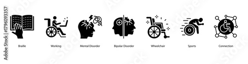 Mental and Emotional Wellness web banner illustration featuring Braille, Working, Mental Disorder, Bipolar Disorder, Wheelchair, Sports, and Connection. Promotes mental strength and inclusivity.