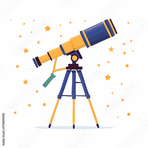 Cartoon Telescope on Tripod with Stars Astronomy Tool.