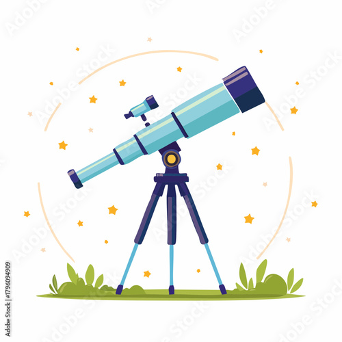 Cartoon Telescope on Tripod with Stars and Grass Illustration.