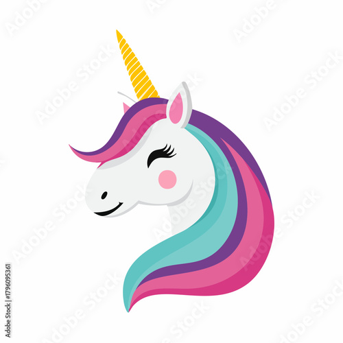 Cartoon Unicorn Head with Colorful Mane and Golden Horn 2.