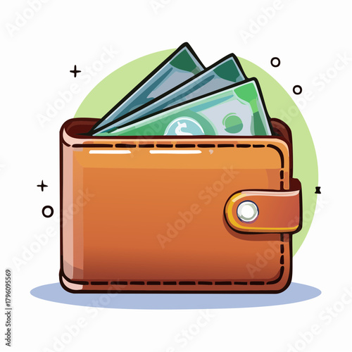 Cartoon Wallet with Paper Currency Illustration.