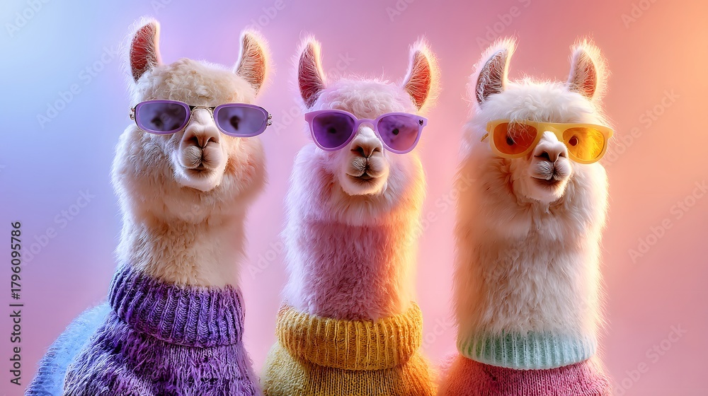 Naklejka premium Three fluffy animals wearing colorful knit sweaters and protective eyewear pose together