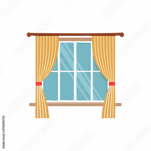 Cartoon Window with Curtains and Wooden Frame Illustration.