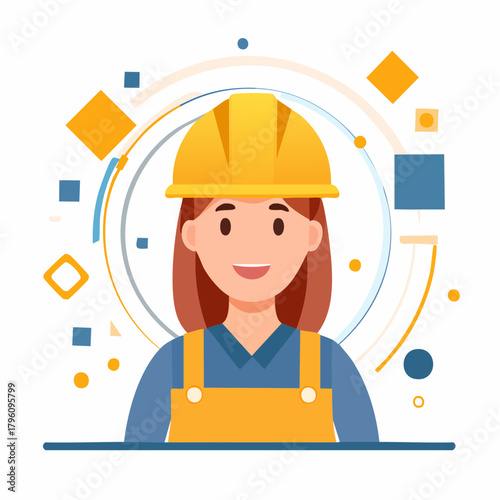 Cartoon Woman Construction Worker with Yellow Hard Hat and Overalls Illustration.