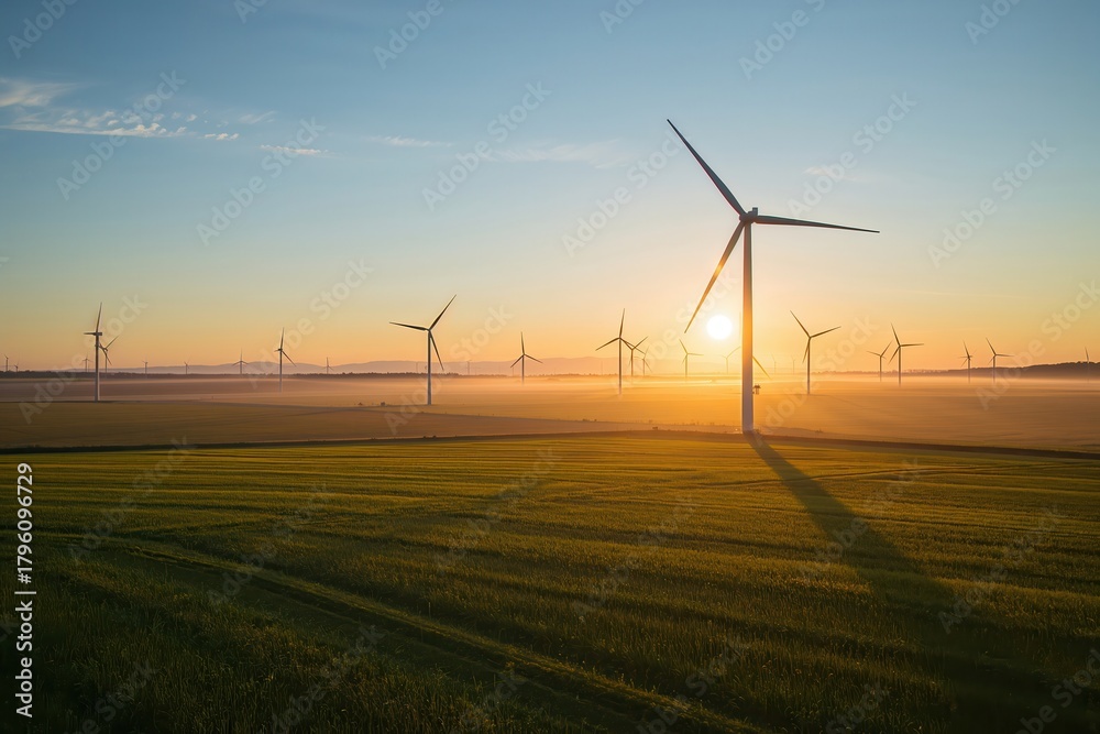 Obraz premium A field of wind turbines basks in the early morning sun, casting long shadows across the land.