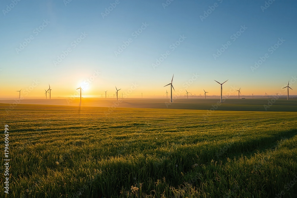 Obraz premium Verdant field dotted with numerous wind turbines, symbolizing sustainable energy at sunrise.