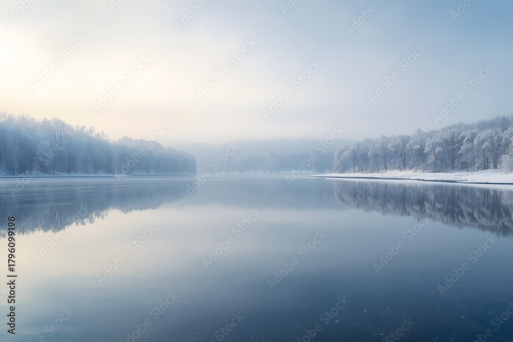 Fototapeta premium Winter landscape with reflection in the water. Winter landscape with beautiful reflection in the water