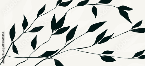 Art background with a black silhouette of leaves on a hand-drawn tree branch in a modern style. A botanical banner for decor, prints, textiles, packaging, interiors, and covers.