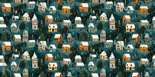 Seamless Pattern of Cozy Winter Village with Snow-Covered Houses and Trees on Deep Blue Background, Nostalgic Christmas Town for Textiles and Packaging