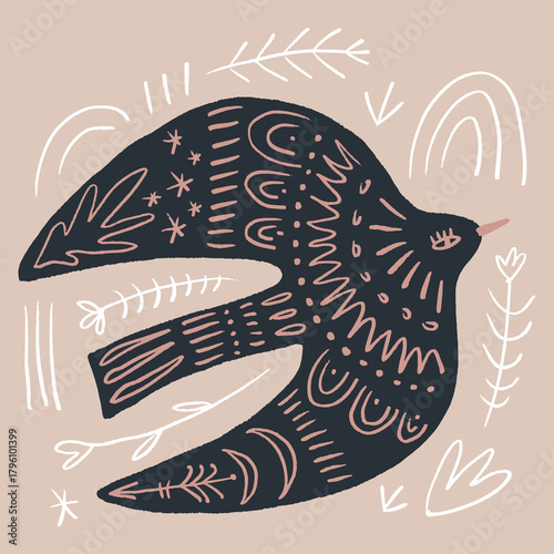 Boho tribal celestial ornate bird character vector hand drawn illustration. Modern folk patterned Norwegian woodland fauna animals in Scandinavian style. Floral Slovak ornamental engraving baby dry