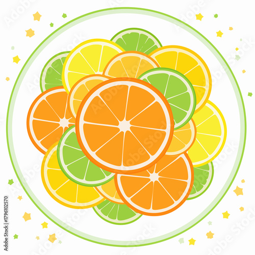 Citrus Fruit Slices Orange Lemon and Lime Arrangement on Plate.