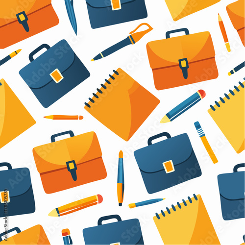 Colorful Business Stationery Pattern Briefcases Notebooks and Pens.