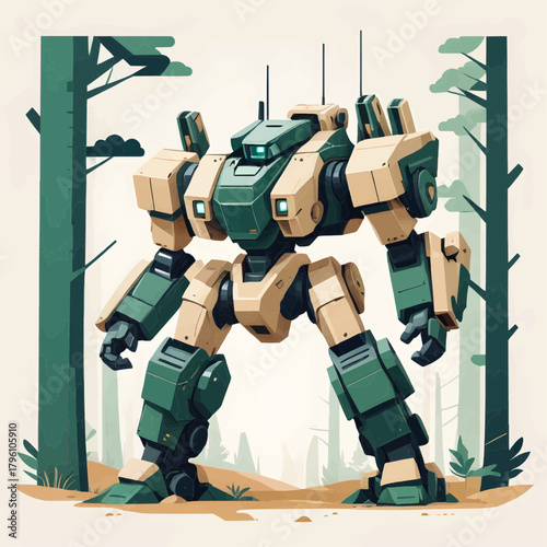 Vector Art of a Tactical Battle Mech Patrol Unit in an Earth-Toned Woodland Environment