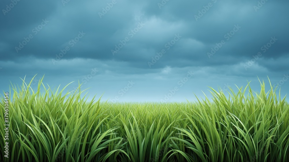 Fototapeta premium Lush Green Grass Landscape Under Dramatic Cloudy Sky Depicting Nature's Beauty and Tranquility in an Open Field Setting