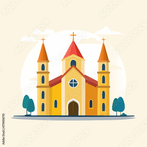Colorful Cartoon Church Building with Crosses and Trees.