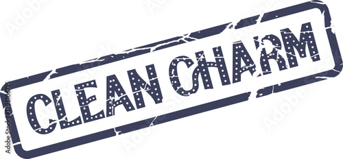 A distressed vintage rubber stamp featuring the words Clean Charm perfect for approval labels or quality marks