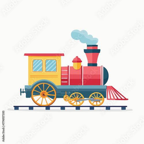 Colorful Cartoon Steam Train Engine on Tracks with Smoke.
