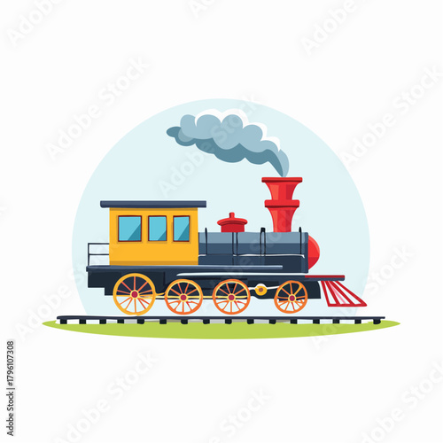 Colorful Cartoon Steam Train on Railroad Tracks.
