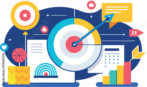 Business goal achievement concept with target, arrow, graph, and chart