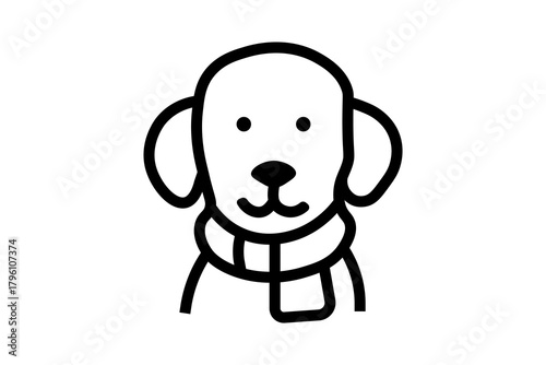 This is a simple, black-and-white line art illustration of a dog's head and chest, wearing a scarf, often used for winter or holiday themes.