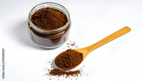 Glass Jar with Coffee Powder and Spoon Flat Lay Minimal Composition