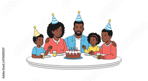 Happy African-American family at birthday table for greeting card and diversity campaign illustration
