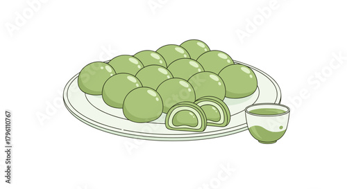 Line art Green tea mochi dessert for Japanese cafe menu or asian food blog illustration