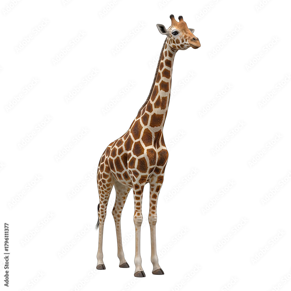 Naklejka premium Realistic 3D Rendering of a Giraffe Standing Tall Against a Transparent Background with Detailed Patches and Long Neck