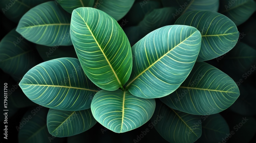 Obraz premium Close-up view of lush green leaves showcasing intricate patterns and vibrant colors, perfect for nature and botanical themes in photography or design
