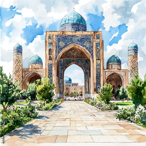 Bukhara Old City, watercolor vector, isolated on a white background.